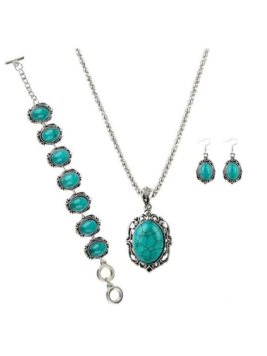 Turquoise Jewelry Set Necklace Bracelet Earrings Jewelry - Turquoise Necklace Earrings Bracelet 4pc Boho Native Stylish Glam Lucky Trendy